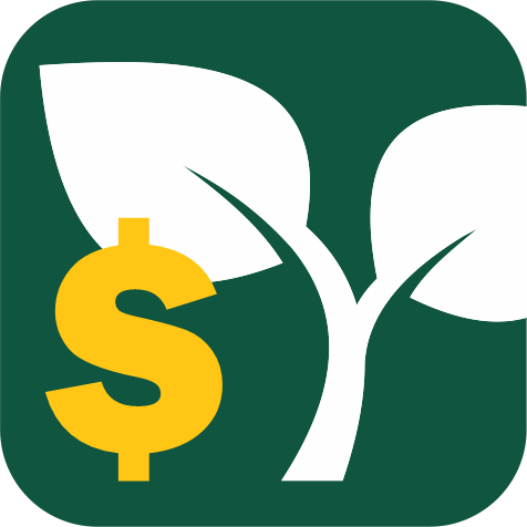 App icon with yellow dollar sign and white crop leaves