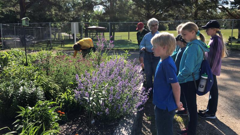 Children standing around a flower garden landscape bed with teachers