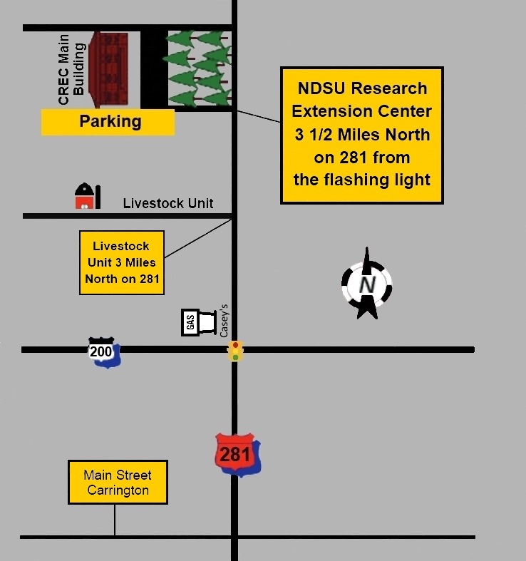 A map shows Carrington REC: From the 200 & 281 intersection, the main building is 3.5 miles north on the west side, surrounded by trees. The livestock unit is 3 miles north, also on the west side.