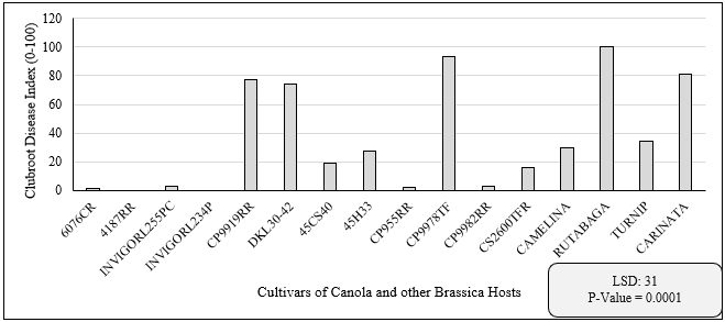 Mean clubroot disease index (%) for commercial cultivars of canola, camelina, rutabaga, turnip, and carinata tested in 2020.