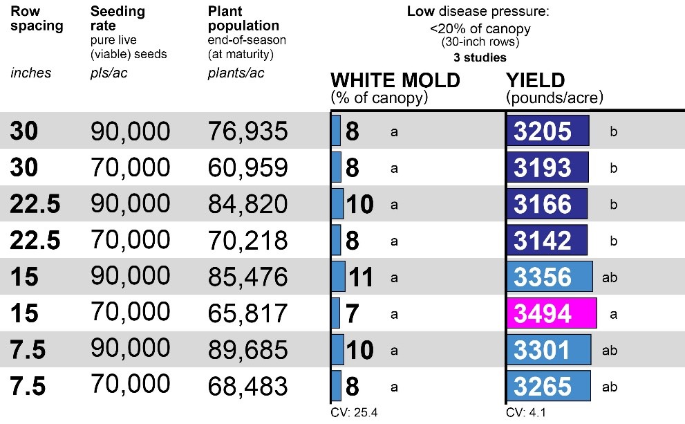 Impact of increasing seeding rate (70,000 to 90,000 seeds/ac) on white mold severity and yield in pinto beans from Carrington, ND (2020).