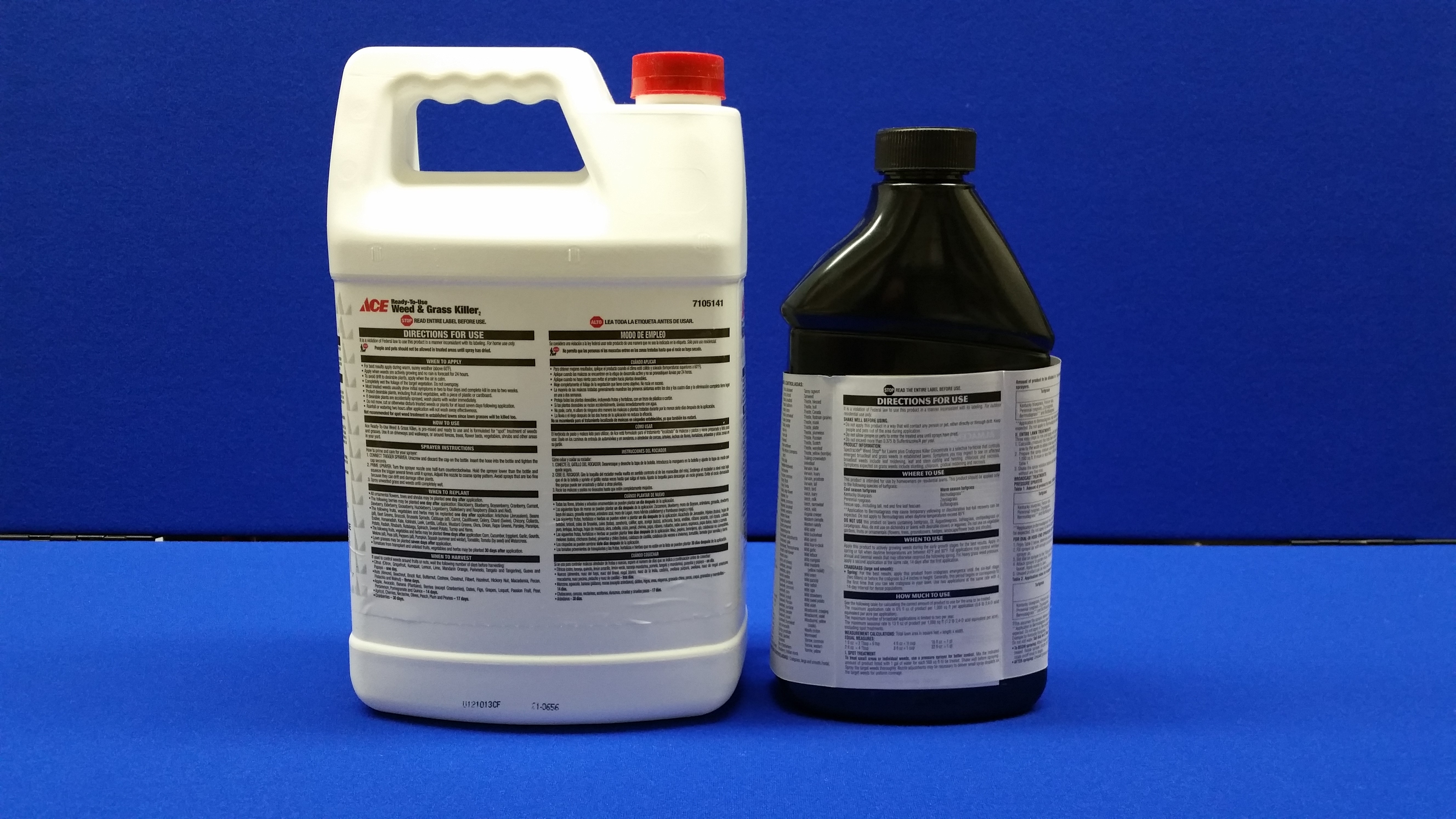 two bottles showing instructions on the back