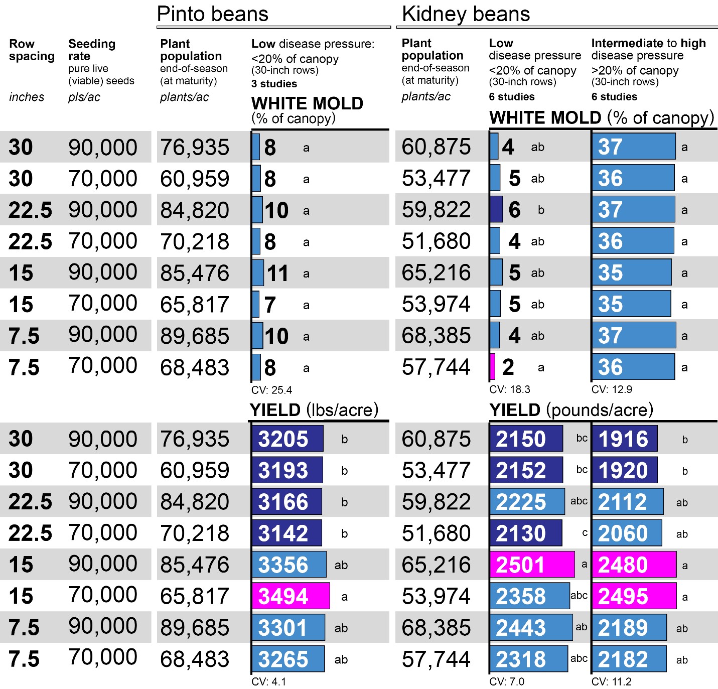 Graph showing the impact of increasing seeding rate from 70,000 to 90,000 seeds/ac on white mold severity and yield in pinto and kidney beans.
