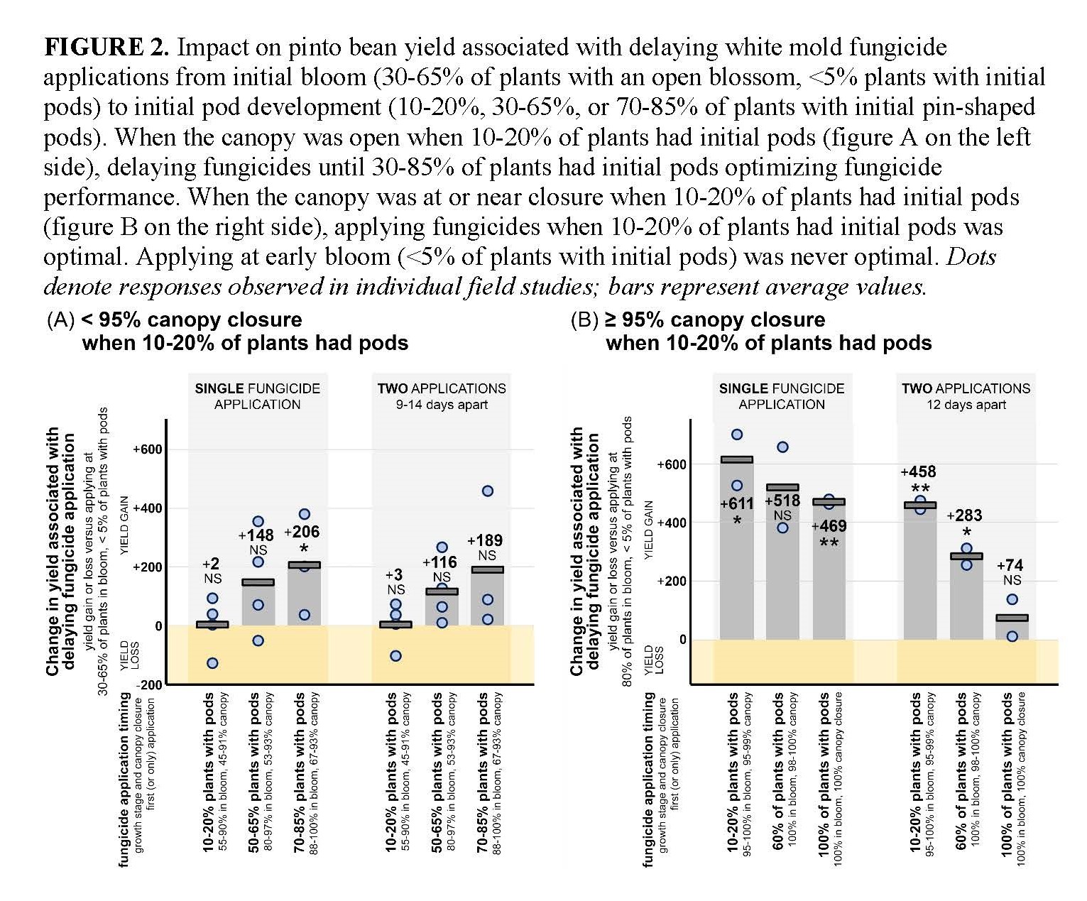 Impact on pinto bean yield from delaying white mold fungicide applications from bloom to initial pod development (10-85% of plants with pods).