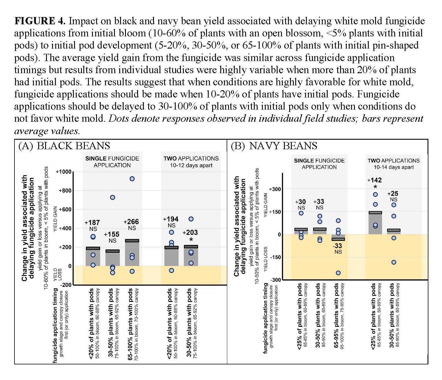 Impact on black and navy bean yield from delaying white mold fungicide applications from bloom to initial pod development (5-100% of plants with pods).