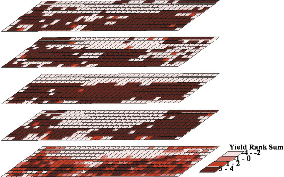 A visual depiction of four years of normalized yields, summed and mapped as a yield frequency map (bottom map).