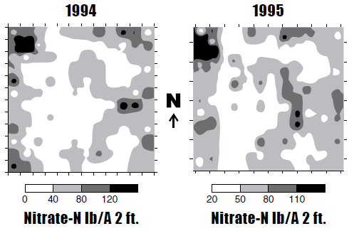 Figure 8. Soil nitrate-N values from a quarter-acre grid in a 40-acre field southeast of Valley City, after spring wheat (1994) and sunflower (1995).