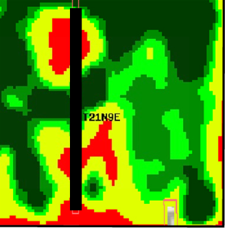 Figure 14b. Multiyear yield maps (corn-soy rotation) in Illinois (top) and satellite image of growing crop (bottom), showing similar patterns.