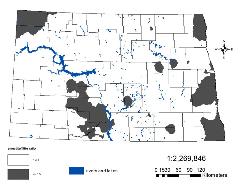 Figure 1. Smectite-to-illite ratios of soil clay fraction. Dark gray areas have ratios greater than 3.5, white areas less than 3.5.