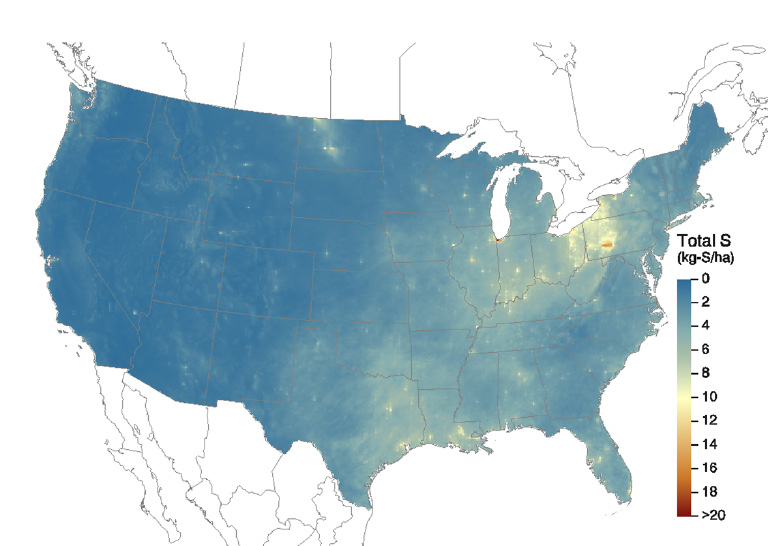 Figure 1. National atmospheric deposition map of total S in kg/ha. To convert to lb/acre, multiply the scale by 0.87.