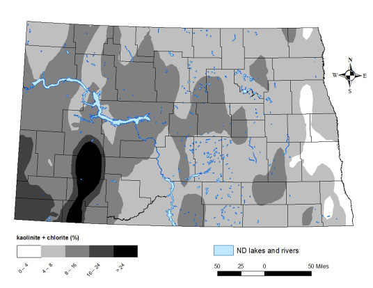 Figure 13. Kaolinite plus chlorite content in ND soils. Chlorite is a non-expanding clay, with kaolinite content near Dickinson up to 78%.