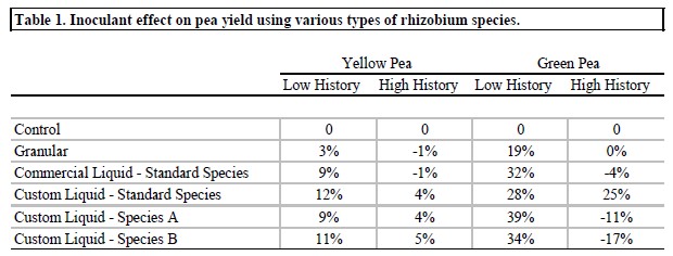 A table showing the inoculant effect on pea yield using various types of rhizobium species.