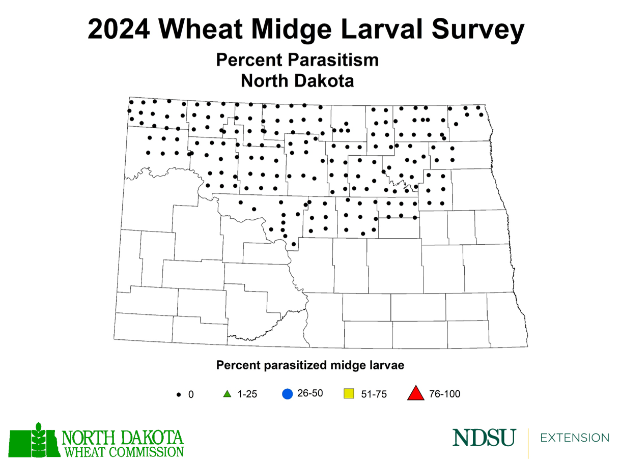 ND Map of Wheat Midge % Parasitism mostly northern counties
