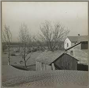 Black and white image of dead trees and sandy soil along with two dilapidated buildings.