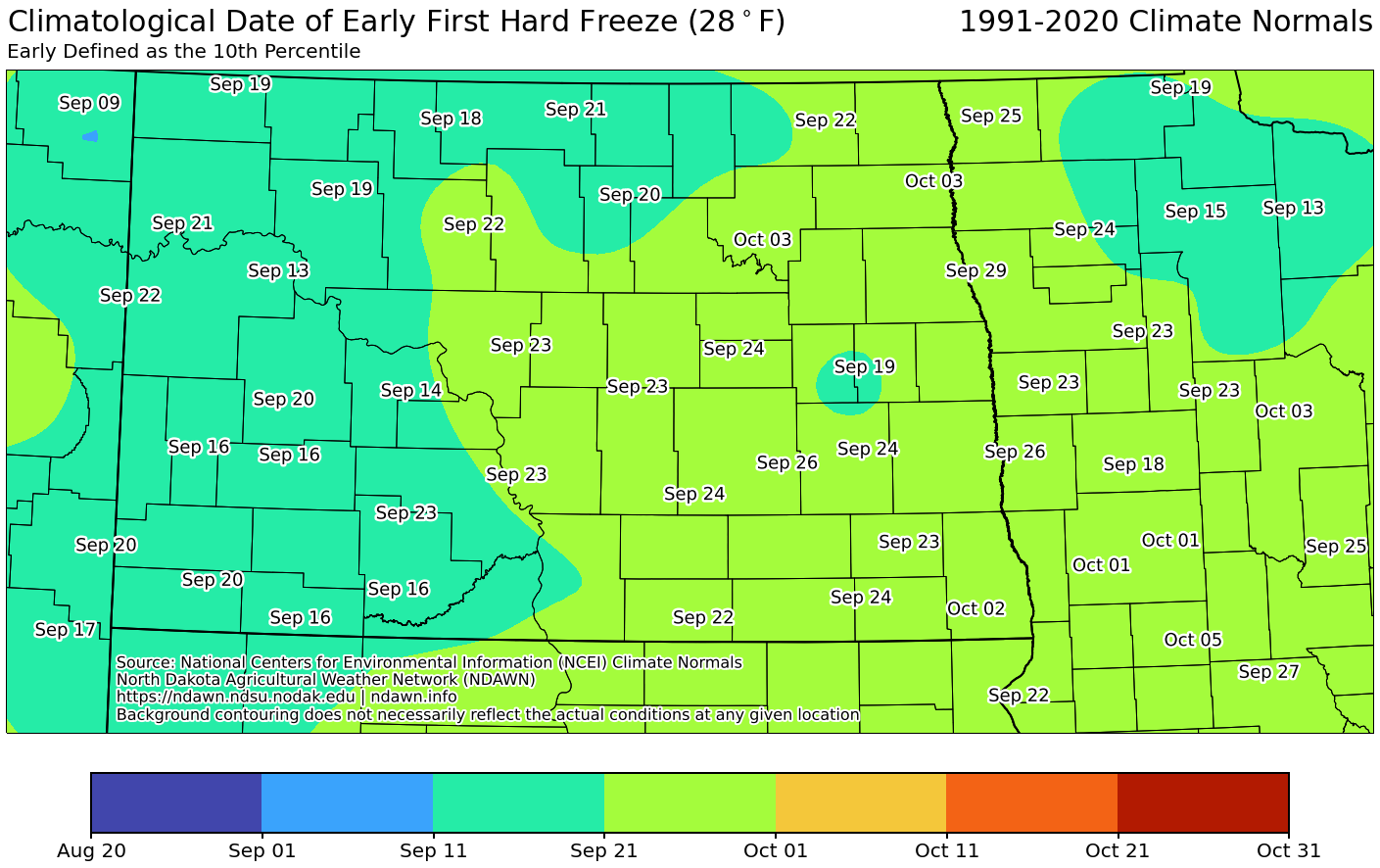 Map of Climatological Date of Early First Hard Freeze in ND