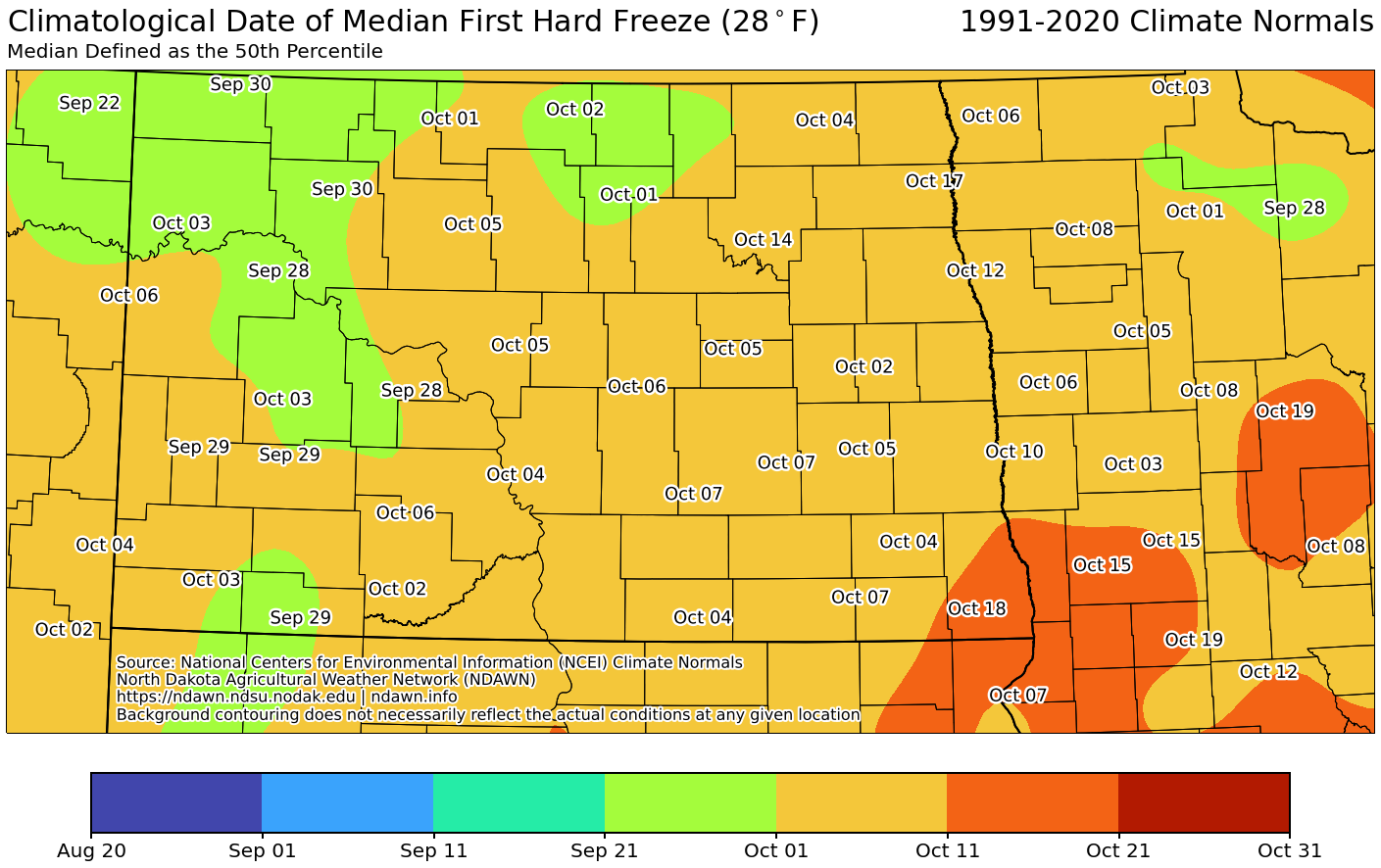 Map of Climatological Date of Median Hard First Freeze in ND