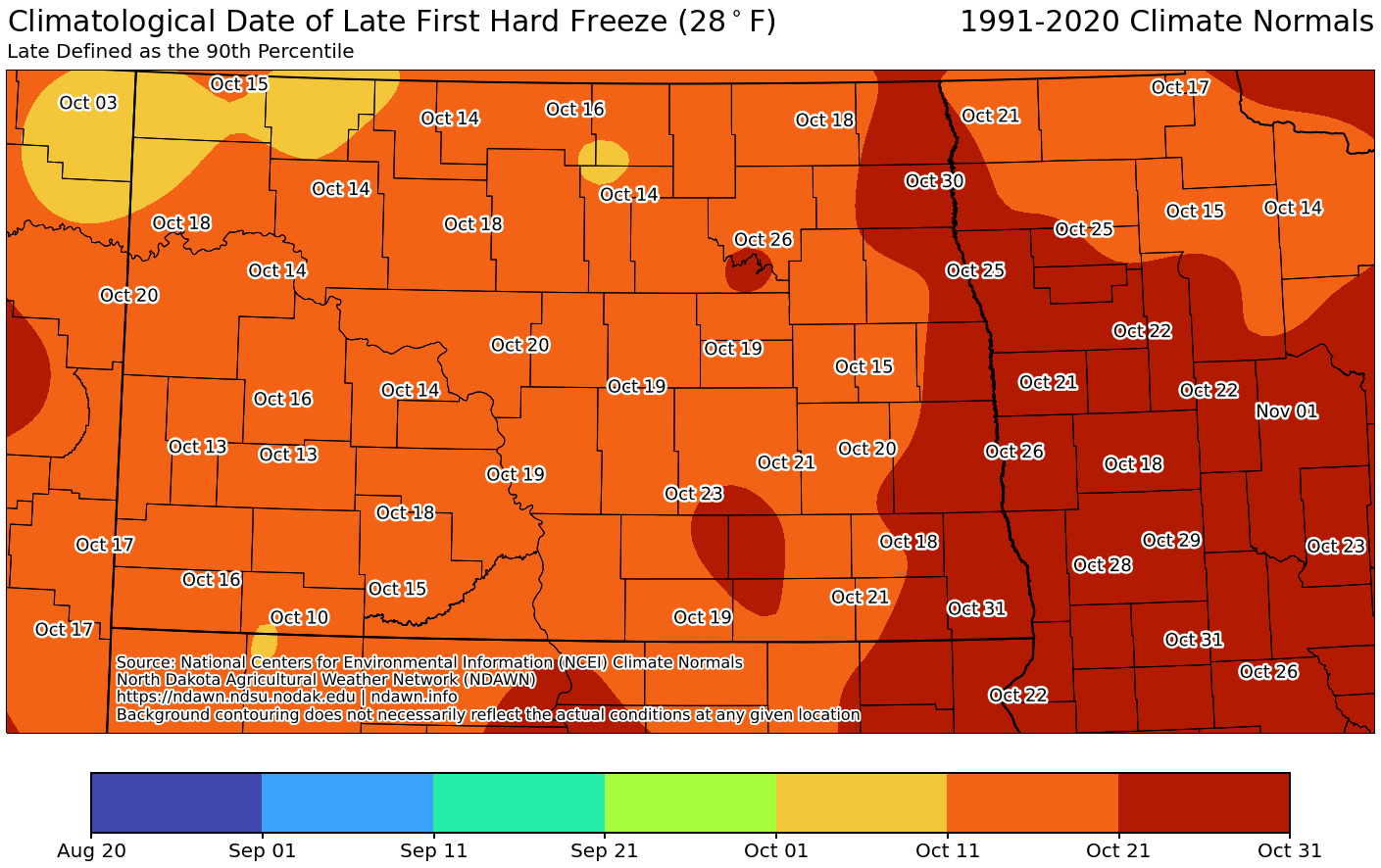 Map of Climatological Date of Late First Hard Freeze in ND