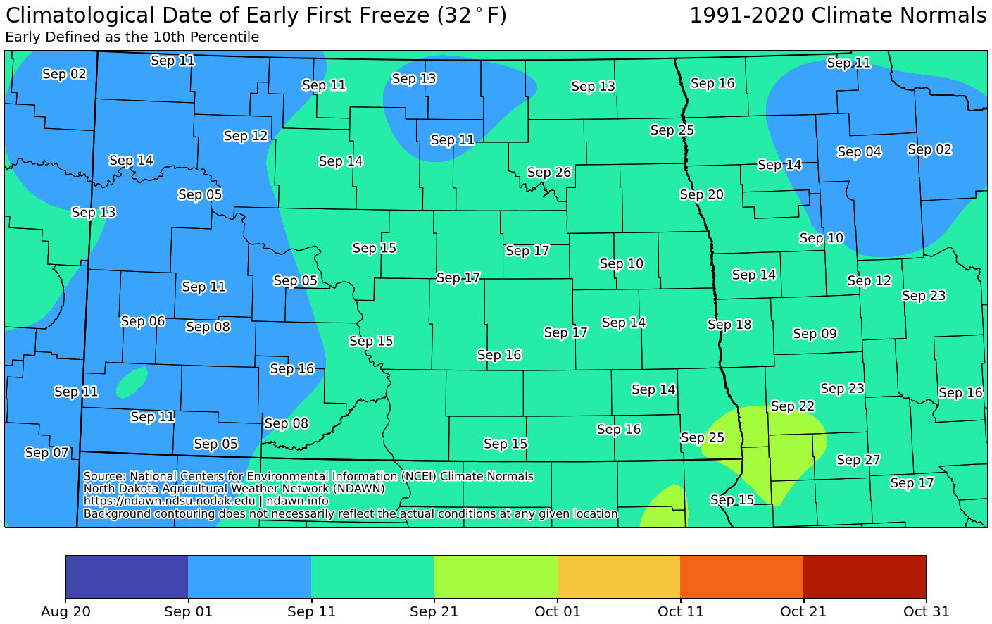 Map of Climatological Date of Early First Freeze in ND
