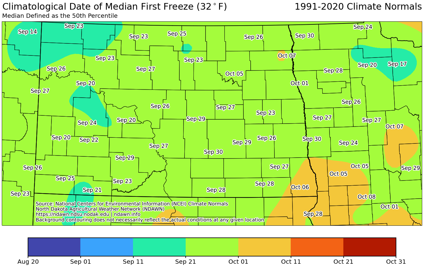 Map of Climatological Date of Median First Freeze in ND