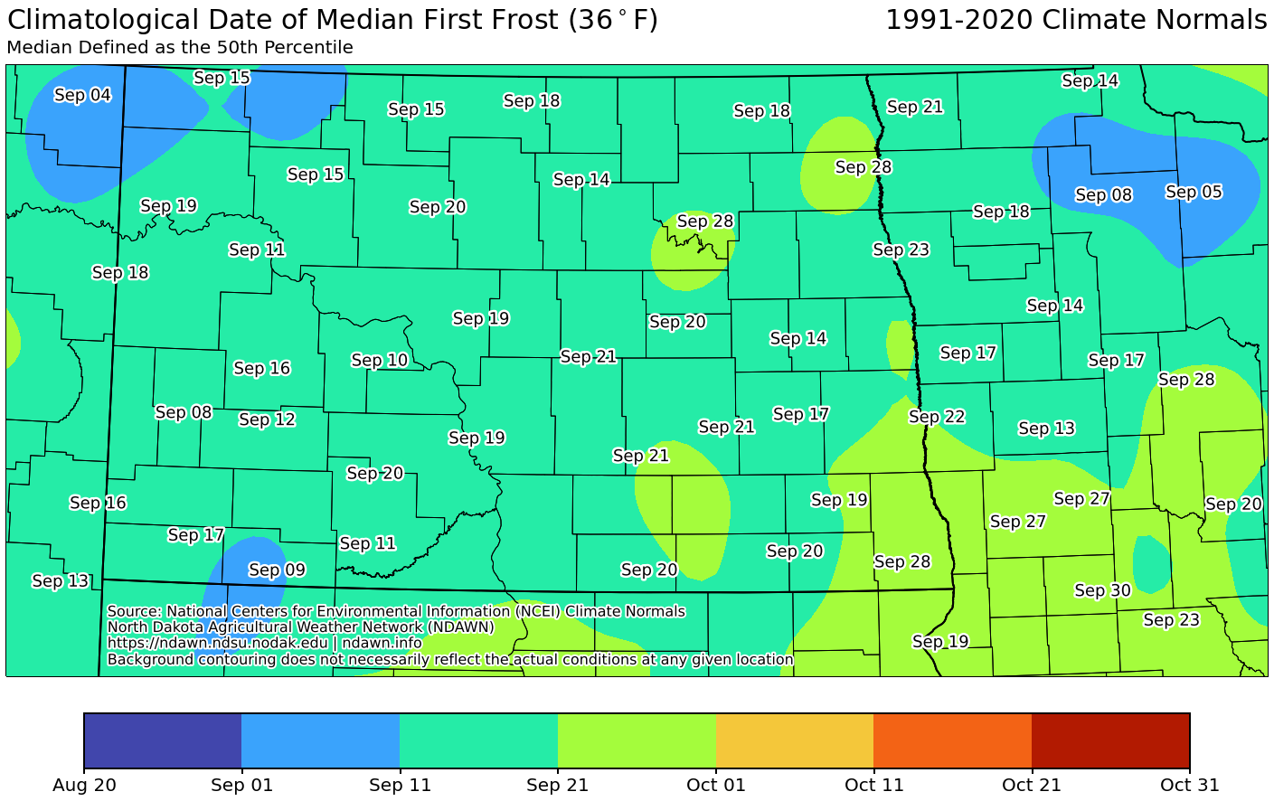 Map of Climatological Date of Median First Frost in ND