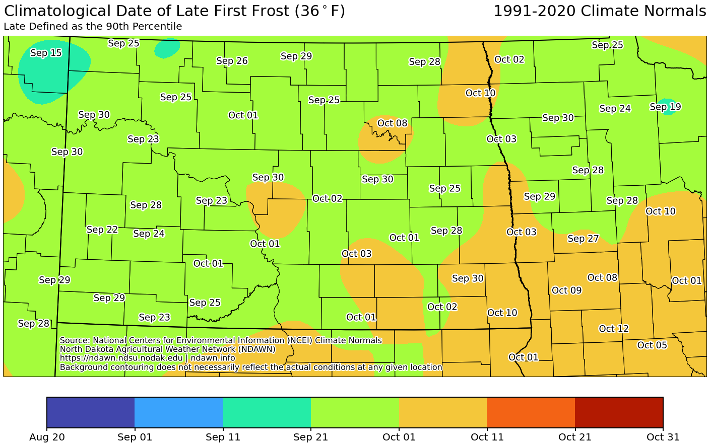 Map of Climatological Date of Late First Frost in ND