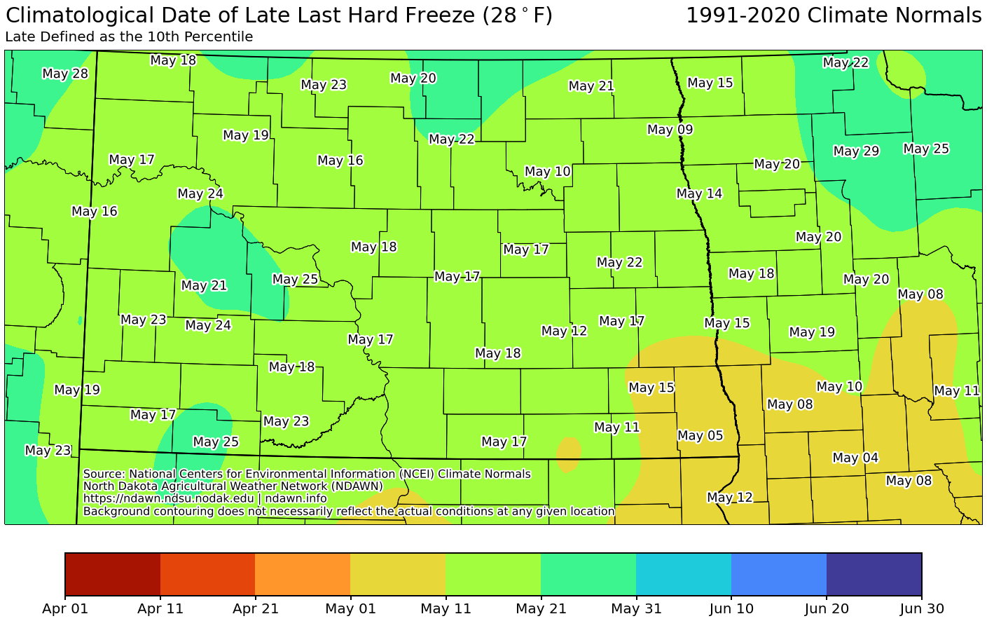 Map showing climatological date of last hard freeze in ND (1991-2020 climate normals)