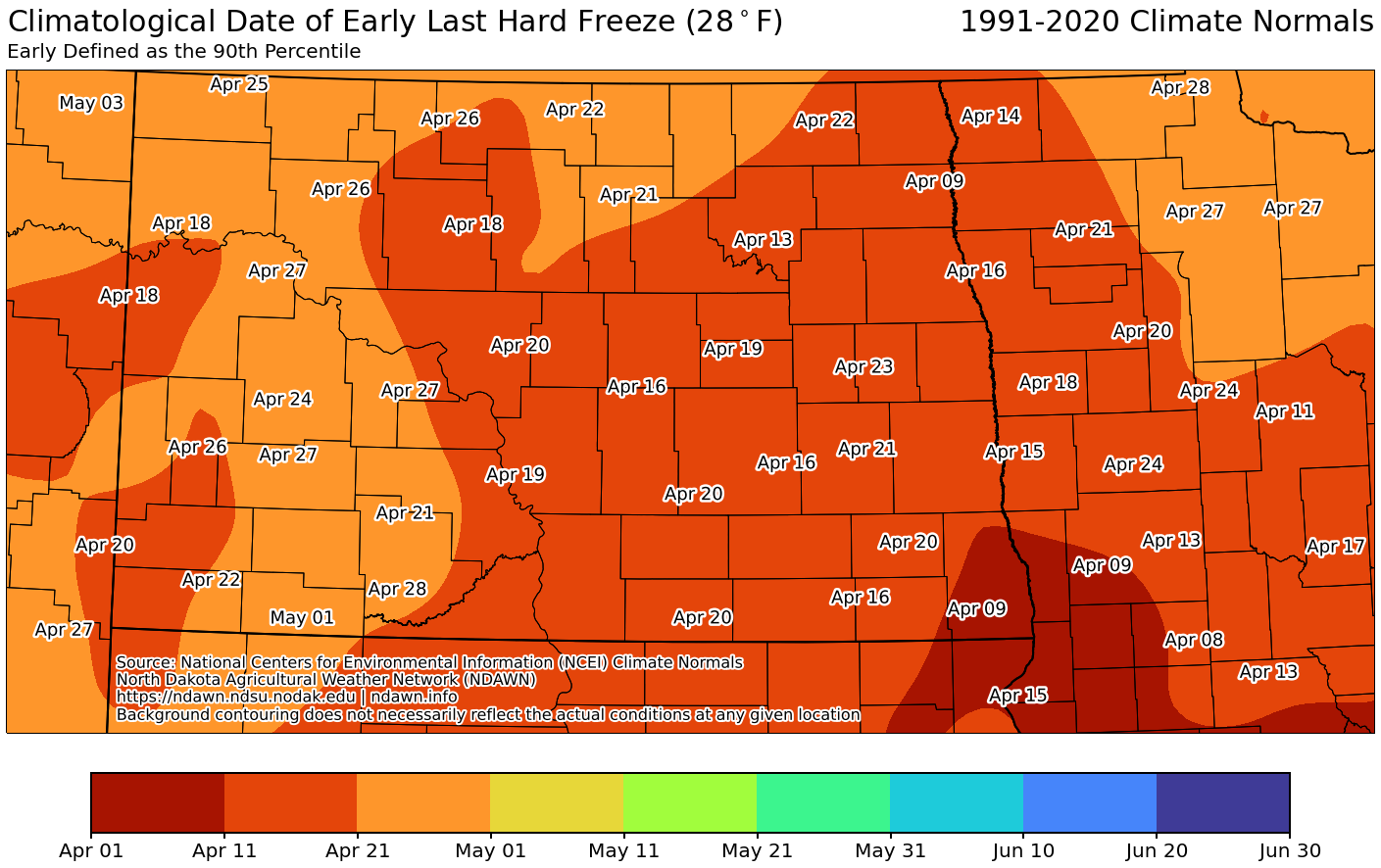 Map showing Climatological Date of Early Last Hard Freeze in ND