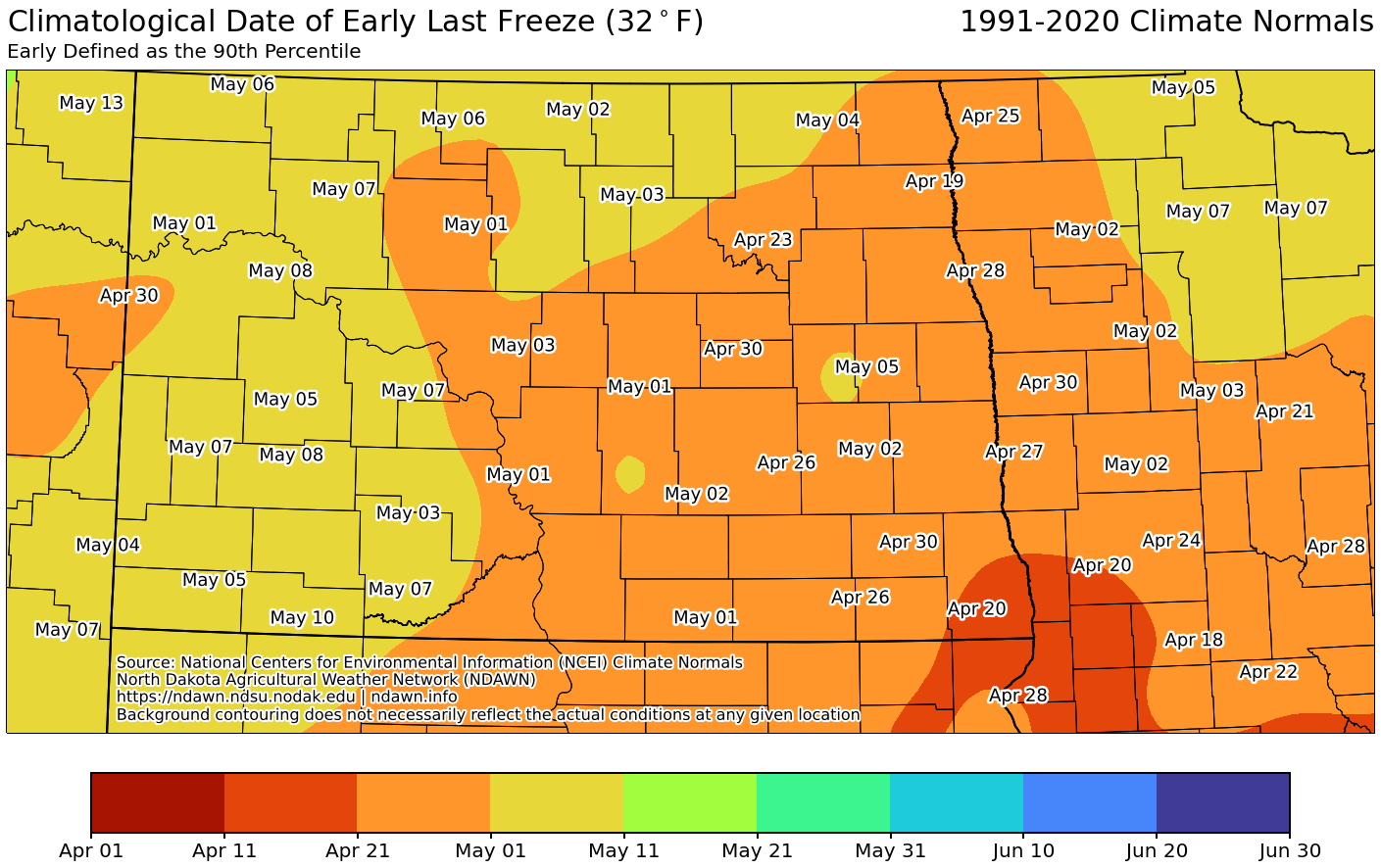 Map of Climatological Date of Early Last Freeze