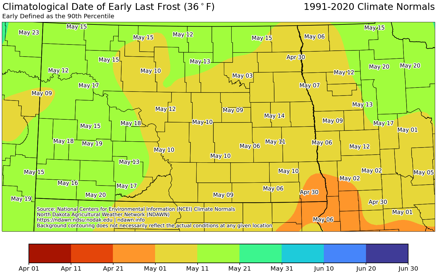 map of Climatological Date of early last frost 