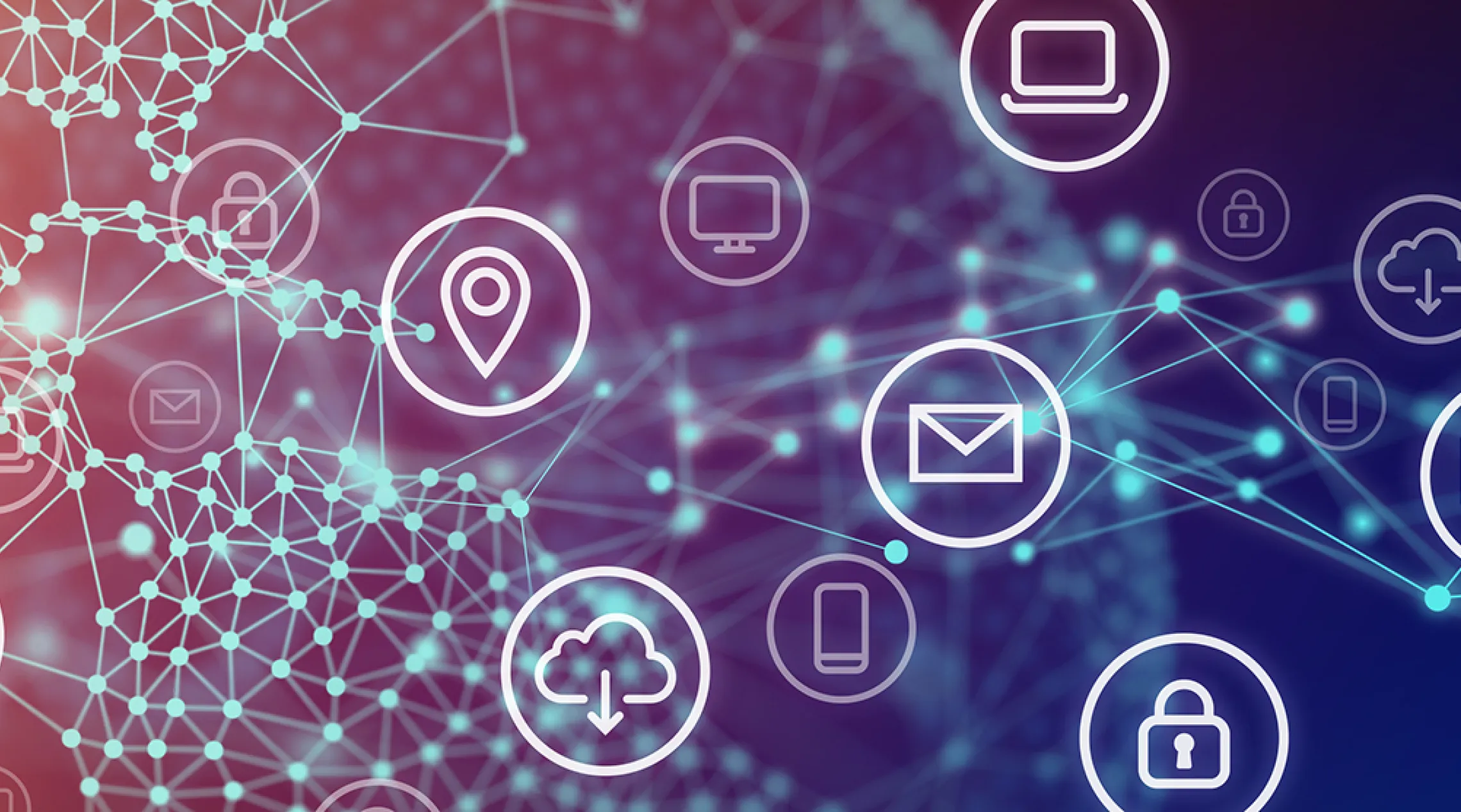  Communication icons in light gray are scattered across a background fading from dark blue on the right to yellow and orange on the left.