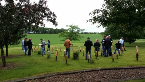 Participants at Crop Management Field School examine plants in the CREC Weed Arboretum.