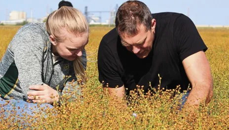 Man and woman bending down in a soybean field to inspect the beans