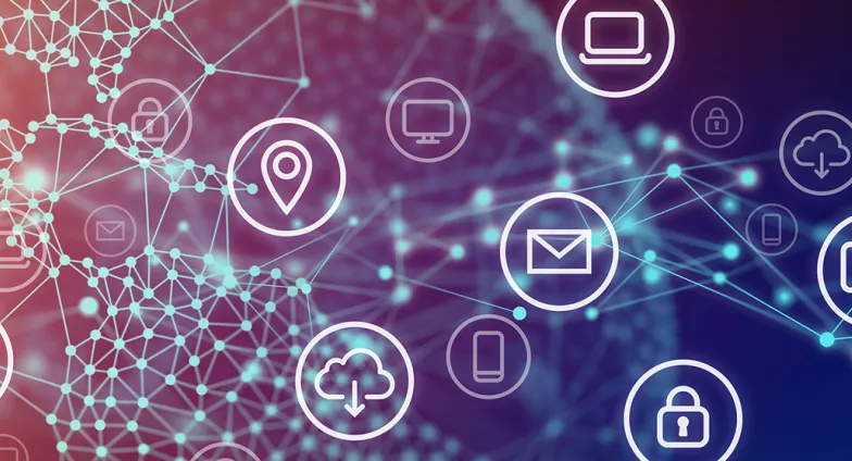  Communication icons in light gray are scattered across a background fading from dark blue on the right to yellow and orange on the left.