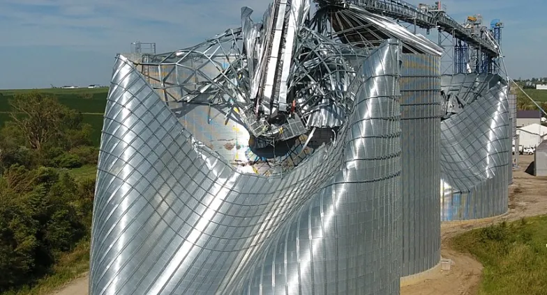 Grain bin damaged by wind