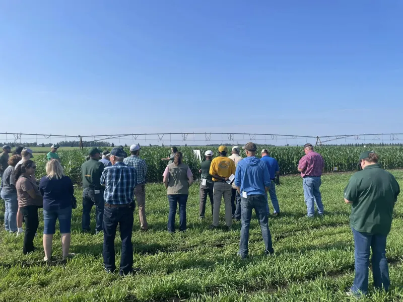 a crowd watches a speaker in front of a crop
