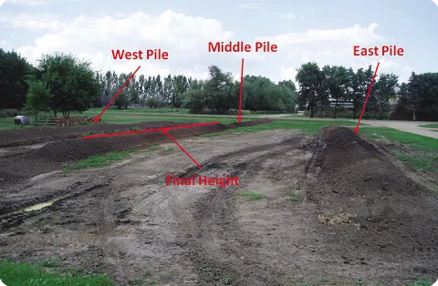 Figure 2. Composted bedded feedlot manure. The west pile is visible, and the middle pile's final height is greatly reduced (photo 线上赌博app Carrington Research Extension Center).