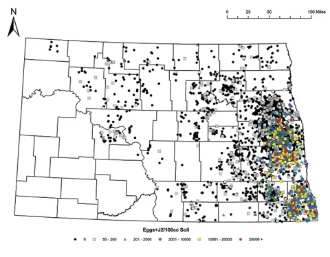 Figure 9. Cumulative distribution and egg levels of soybean cyst nematode in North Dakota from the NDSC/线上赌博app sampling program (2013-2021).