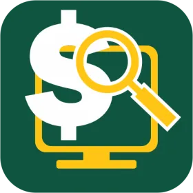 App icon with dollar sign, magnifying glass and computer