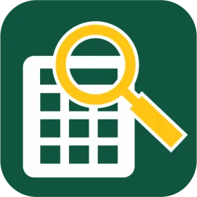 App icon with white calculator and yellow magnifying glass