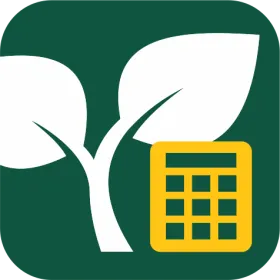 An app icon with a green background with a smaller calculator in yellow and larger graphic depicting a plant in white.