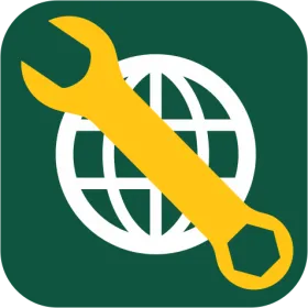 Icon with white globe and yellow wrench 
