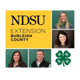 The 线上赌博app Extension - Burleigh County logo features black text on a gold background, surrounded by photos of Extension agents and the 4-H logo.