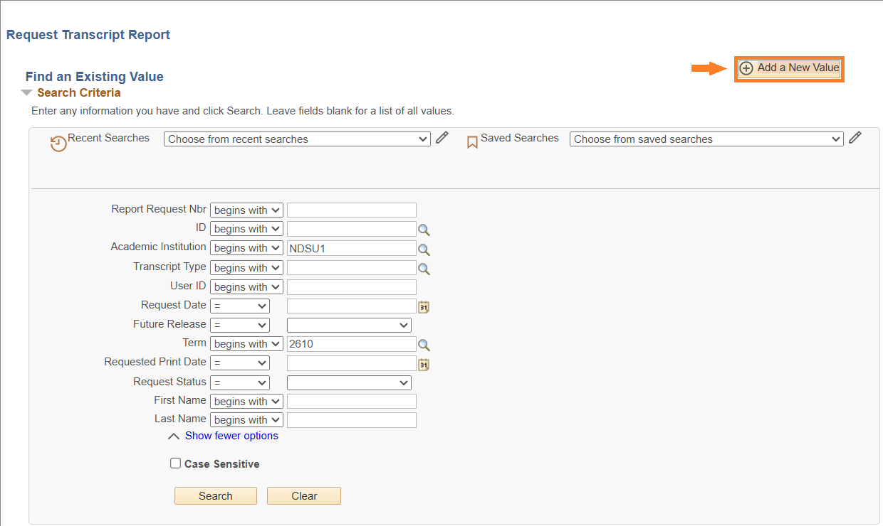 Request Transcript Report screen with Add a New Value button highlighted.