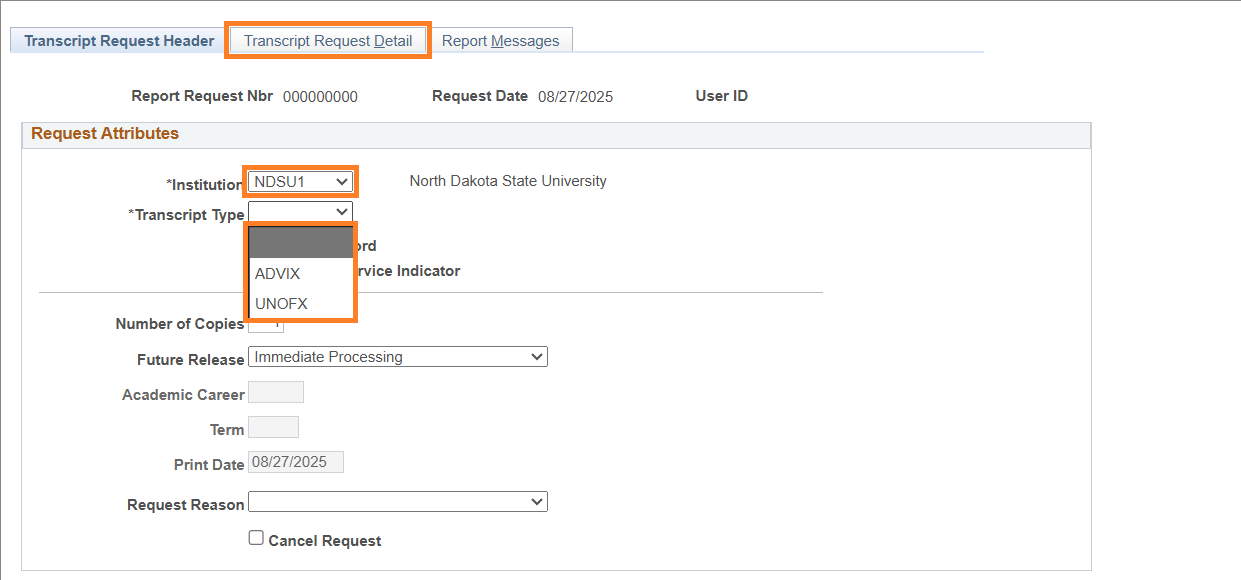 Transcript Request Attributes screen with Institution and Transcript Type drop-down fields and the Transcript Request Detail tab highlighted.