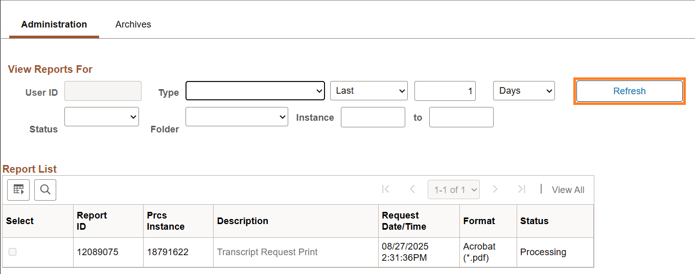 Report Manager screen with Refresh button highlighted.