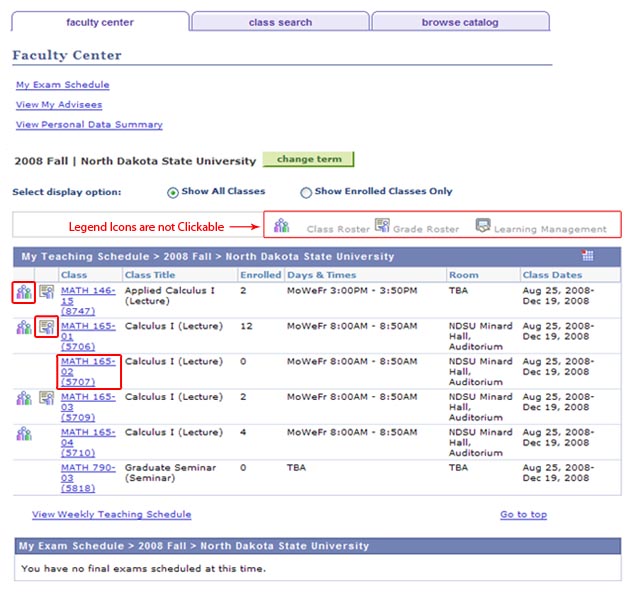 View of Faculty Center screen with legend of icons, clickable Class Roster icon, clickable Grade Roster icon, and link to class details highlighted.