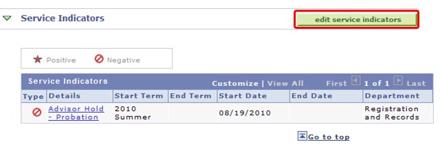 View of Service Indicators section that shows an active Advisor Hold-Probation service indicator with the Edit Service Indicators button highlighted.