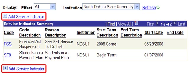 View of the service indicators summary screen with the Add Service Indicator link highlighted.