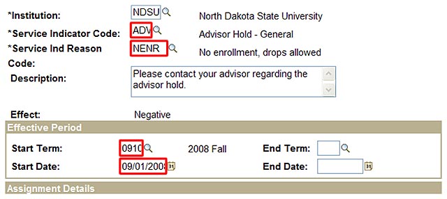 View of service indicator details screen with Service Indicator Code, Service Indicator Reason Code, Start Term, and Start Date fields highlighted.
