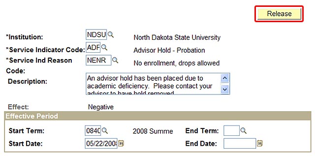 View of service indicator details screen with the Release button highlighted.